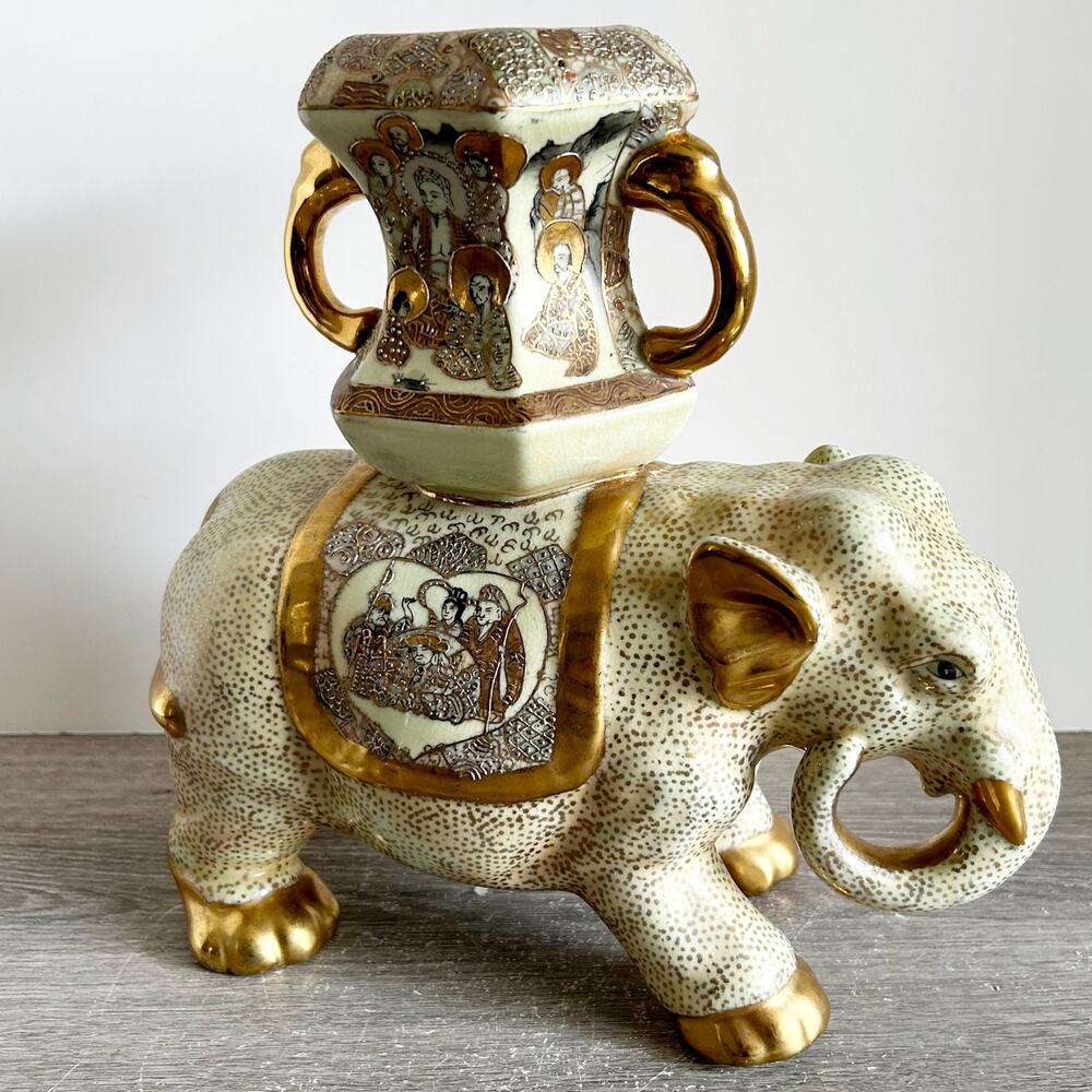 VTG SATSUMA Cloisonné Style Ceramic Hand Painted Elephant Incense Burner/Planter